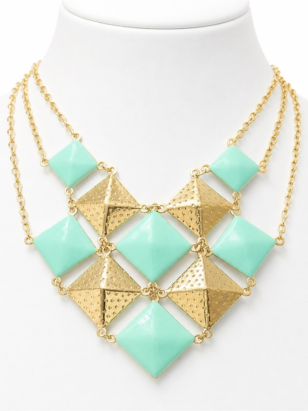 Mint Green Gold Tone Geometric Statement Bib Necklace Adjustable Modern Boho